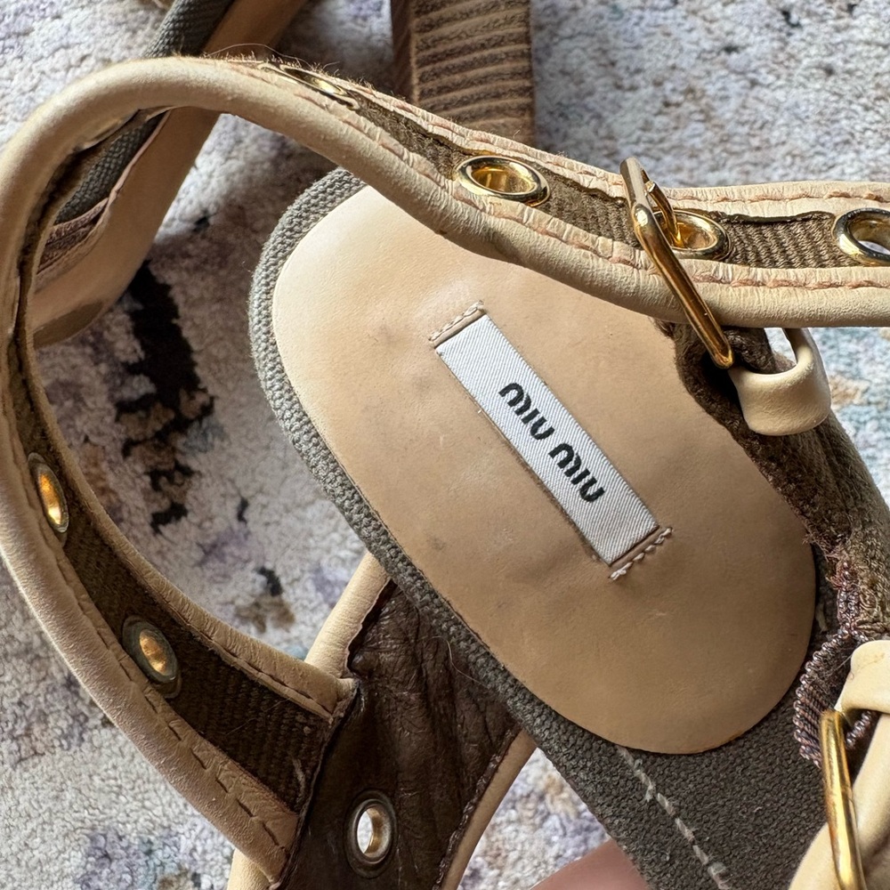 Y2K MIU MIU Double Buckle, Leather & Glitter, Olive Canvas Heels - Picture 8 of 16